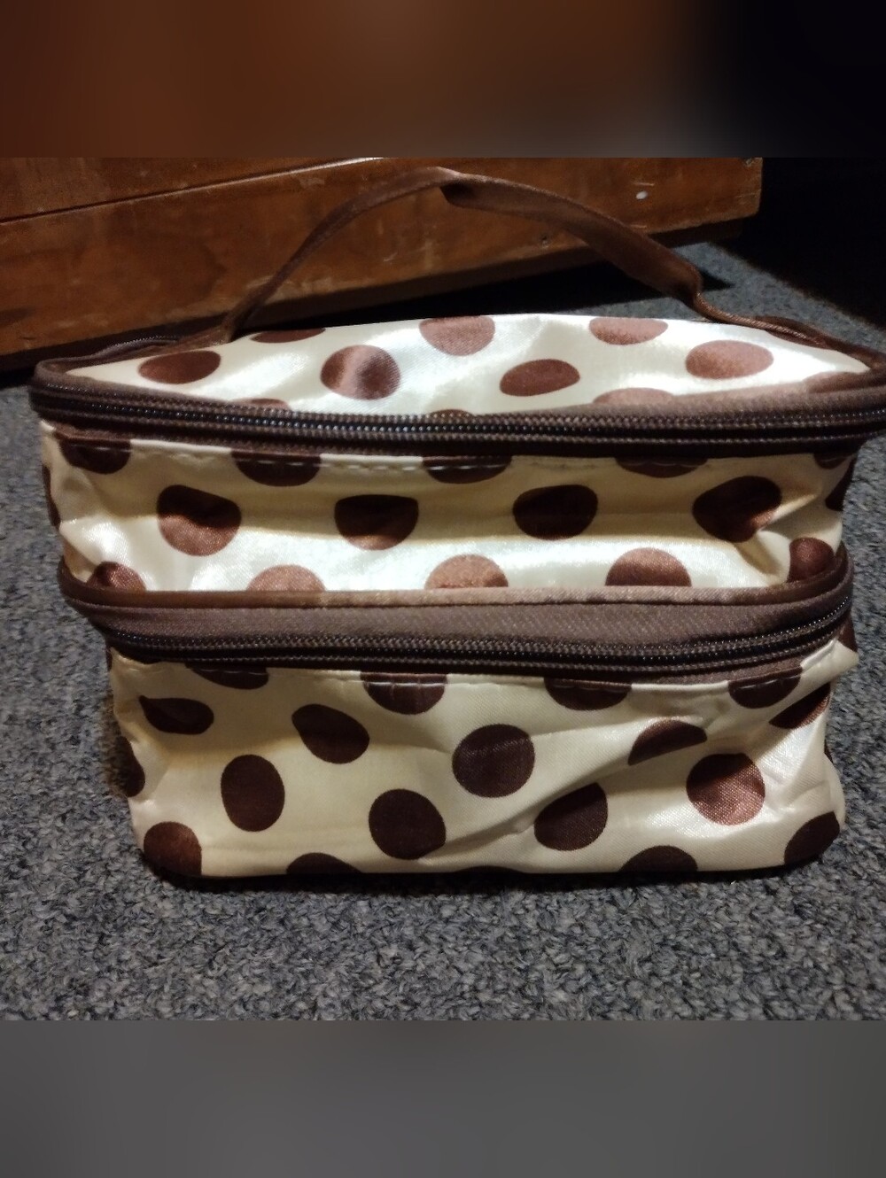 Polka Dot Double-Zip Cosmetic Case in Brown and Cream